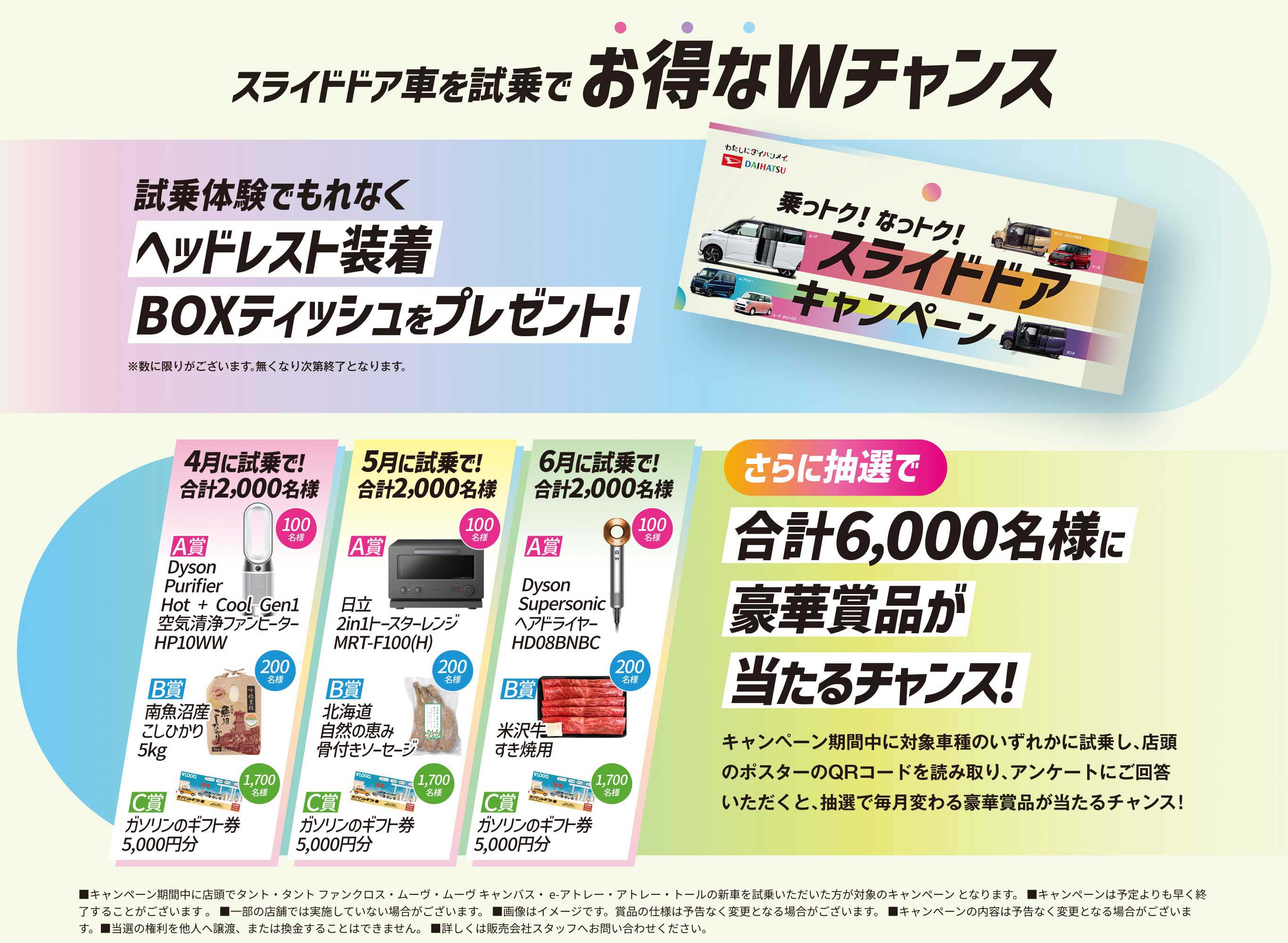 「スライドドア車をご試乗でお得なWチャンス」試乗体験でもれなくヘッドレスト装着BOXティッシュをプレゼント!さらに抽選で、合計6,000名様に豪華賞品が当たるチャンス!